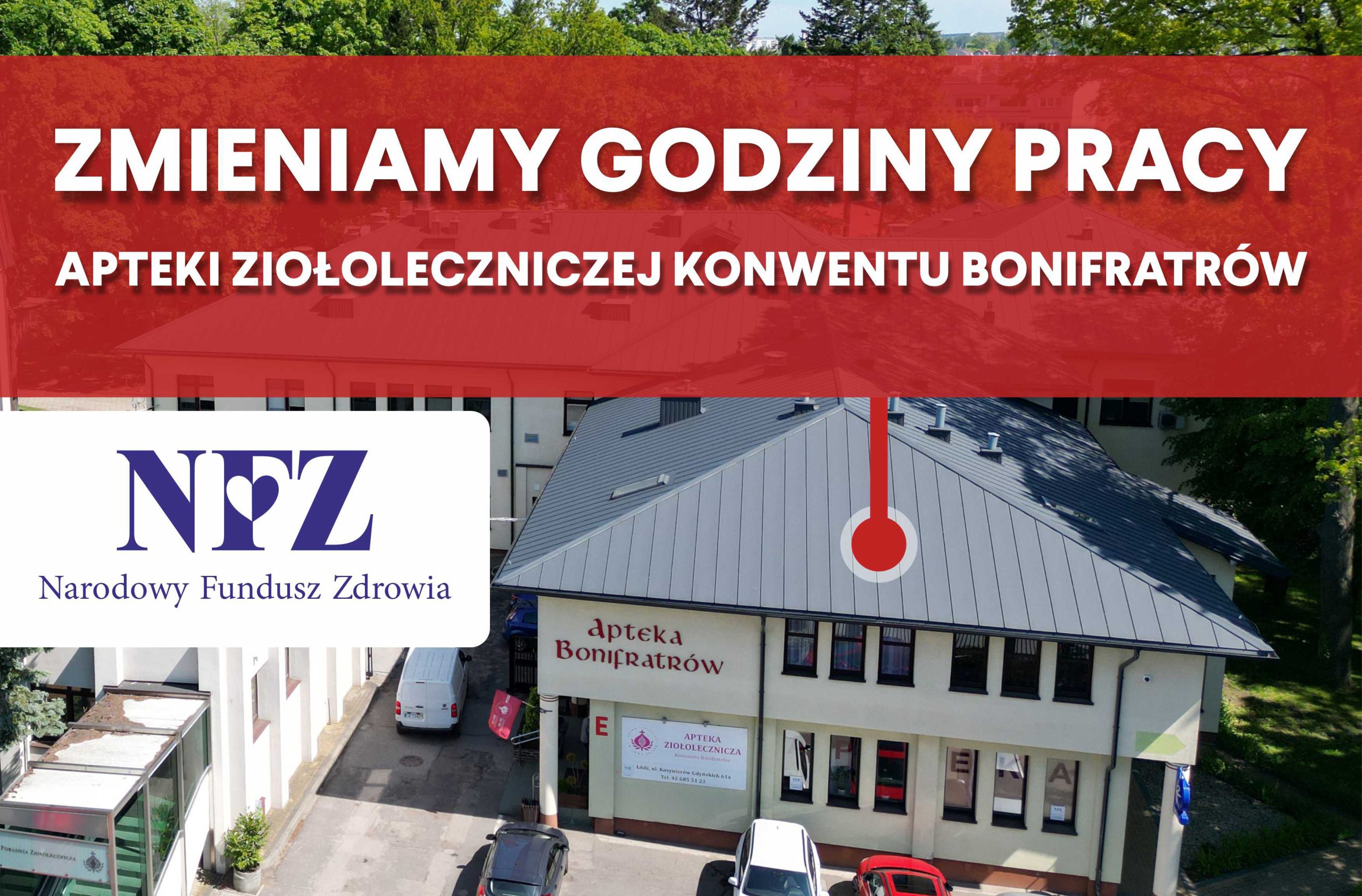 Grafika informacyjna dotycząca zmiany godzin pracy Apteki Ziołoleczniczej Konwentu Bonifratrów. W górnej części widoczny jest szeroki, półprzezroczysty czerwony pas z białym napisem: „Zmieniamy godziny pracy Apteki Ziołoleczniczej Konwentu Bonifratrów”. Tło grafiki stanowi zdjęcie lotnicze budynku Apteki Bonifratrów oraz sąsiadujących zabudowań klasztornych, otoczonych zielenią drzew. Na lewej stronie umieszczono logo Narodowego Funduszu Zdrowia z podpisem „Narodowy Fundusz Zdrowia”. Na dachu budynku widoczny jest czerwony symbol w kształcie termometru, podkreślający temat zmiany. Na elewacji budynku znajduje się napis „Apteka Bonifratrów” oraz tablica informacyjna apteki. Grafika ma charakter informacyjny i zapowiada zmianę organizacyjną dotyczącą funkcjonowania apteki