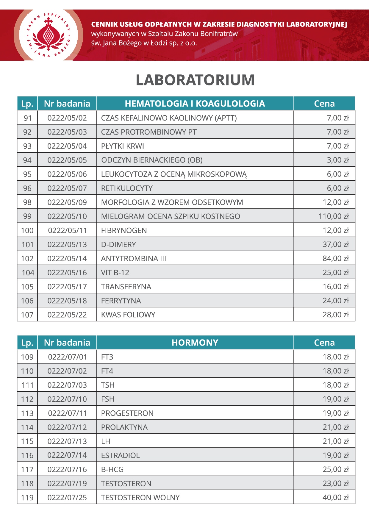 Szpital Zakonu Bonifratrów św Jana Bożego łódź